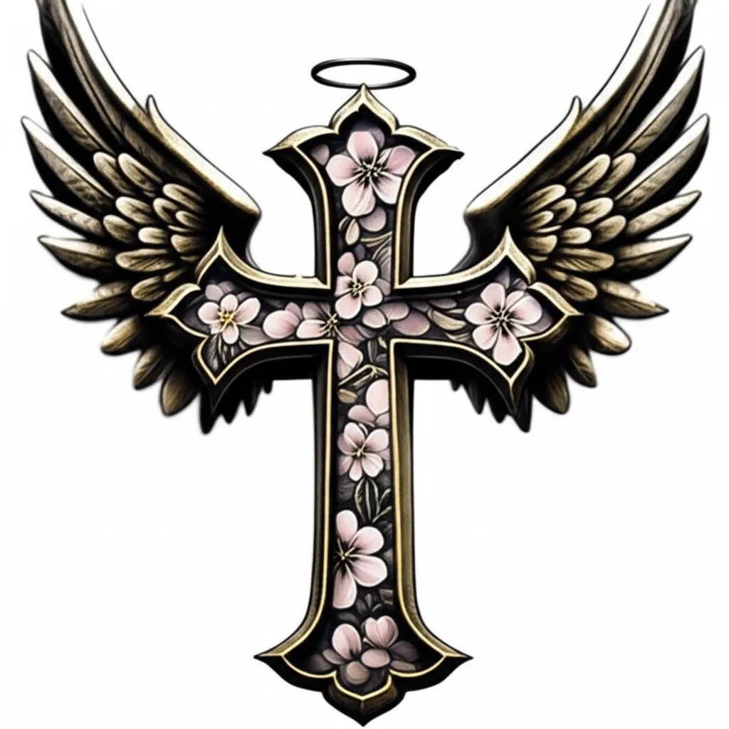 Realism Cross with Cherry Blossoms and Angel Wings Tattoo