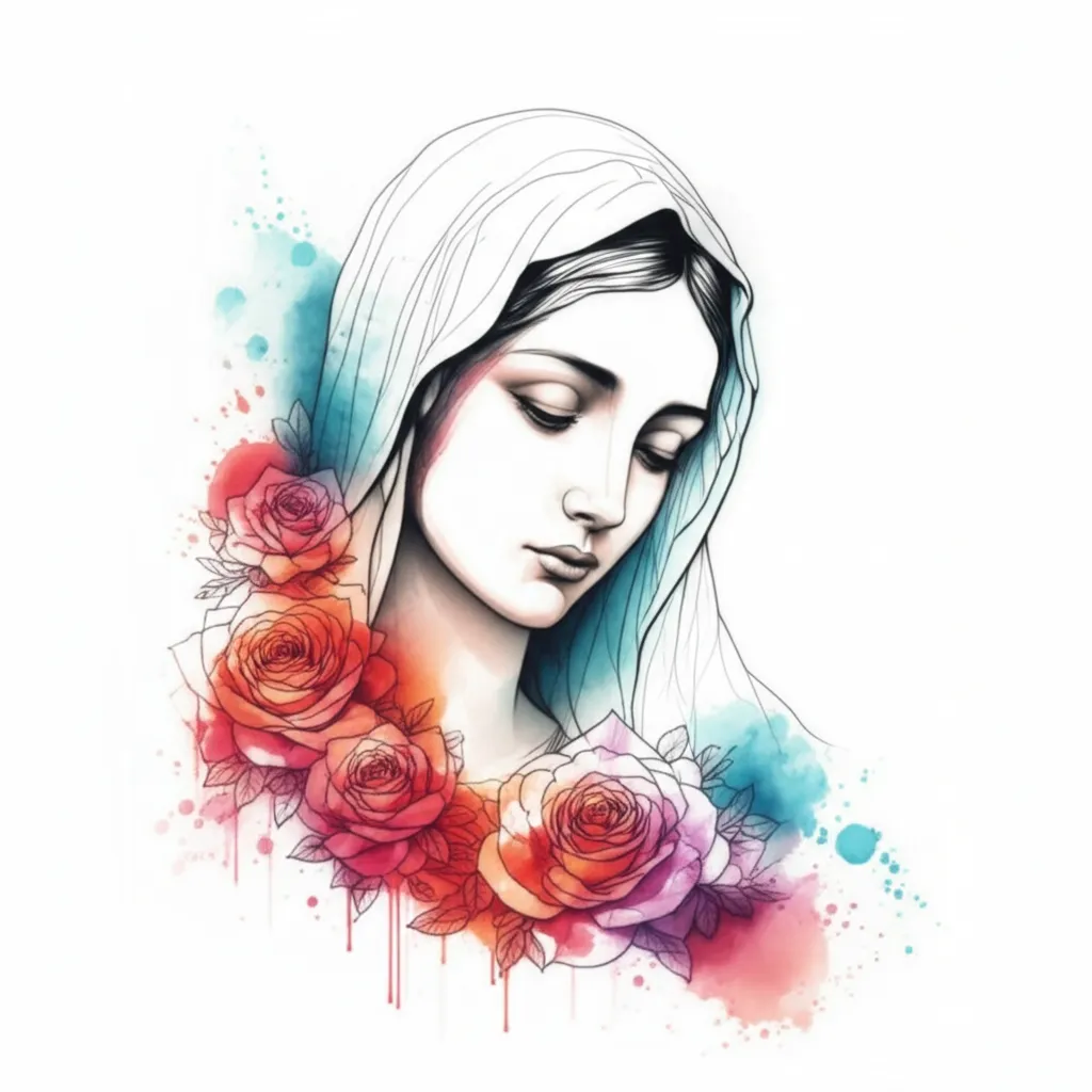 Watercolor Virgin Mary with Roses Tattoo Design