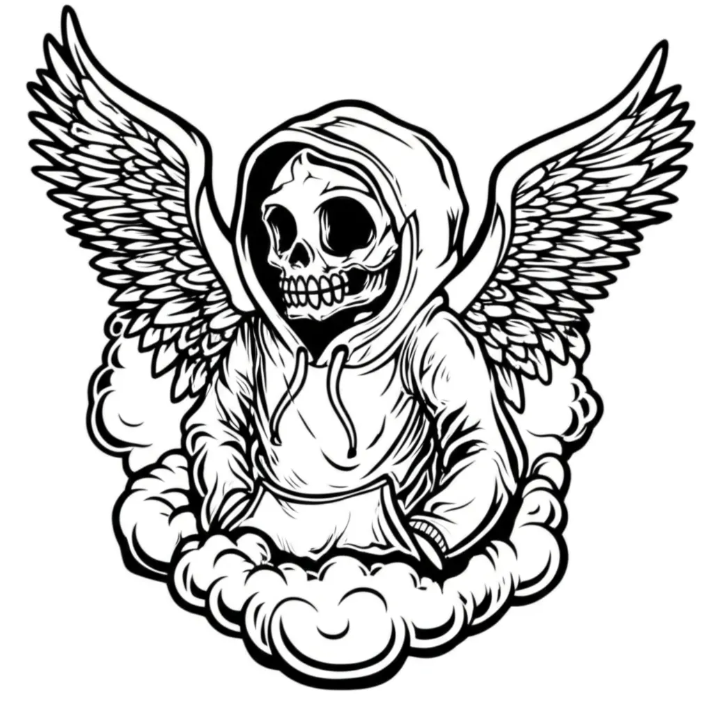 Skeleton in Hoodie with Angel Wings Graffiti Tattoo Idea Skeleton in Hoodie with Angel Wings Graffiti Tattoo Idea