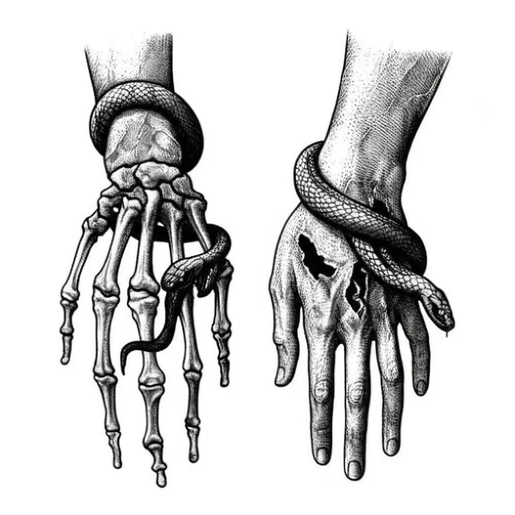 Gothic Breast Tattoo: Skeleton Hand with Snake Design