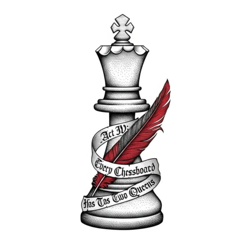 Queen Chess Piece with Feather and Quote Tattoo Design