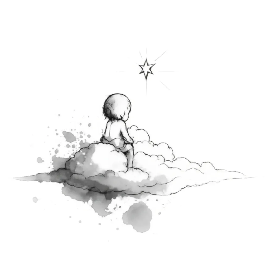 Dreamy Watercolor Tattoo: Little Figure on Cloud with Shining Star Dreamy Watercolor Tattoo: Little Figure on Cloud with Shining Star