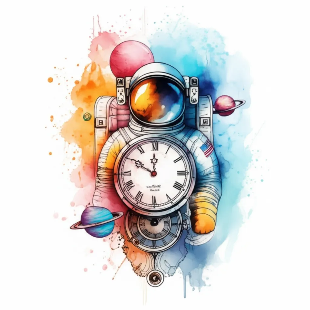 Watercolor Astronaut Tattoo with Space Planets and Clock Design Watercolor Astronaut Tattoo with Space Planets and Clock Design