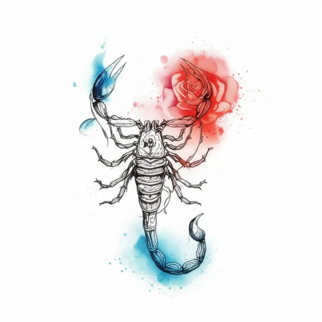 Watercolor Scorpion and Rose Tattoo Design