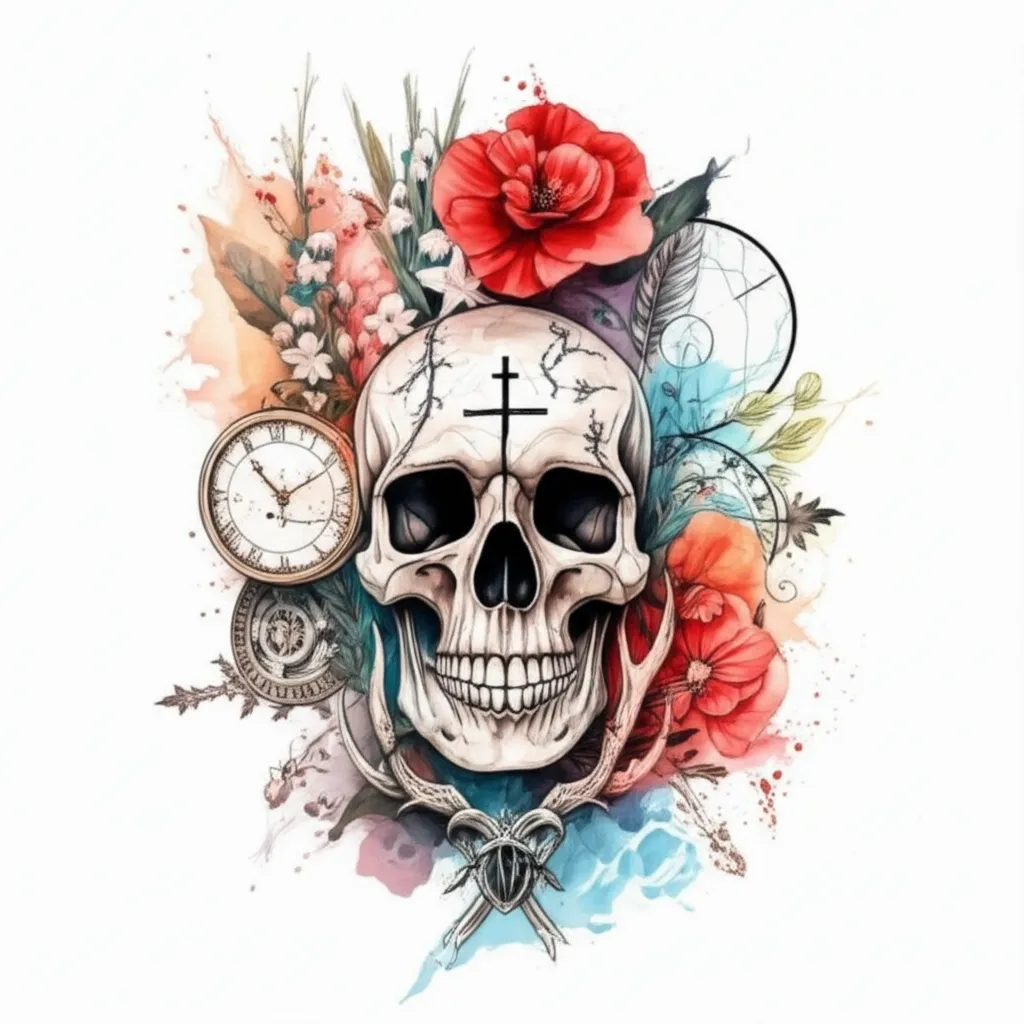Watercolor Skull with Flowers and Clock Tattoo Design Watercolor Skull with Flowers and Clock Tattoo Design