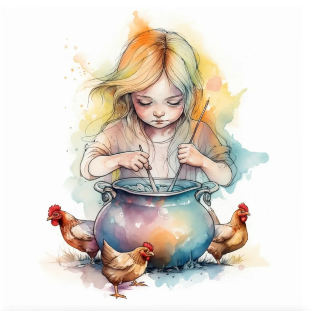 Watercolor Witch Girl Tattoo Design with Cauldron and Chickens Watercolor Witch Girl Tattoo Design with Cauldron and Chickens