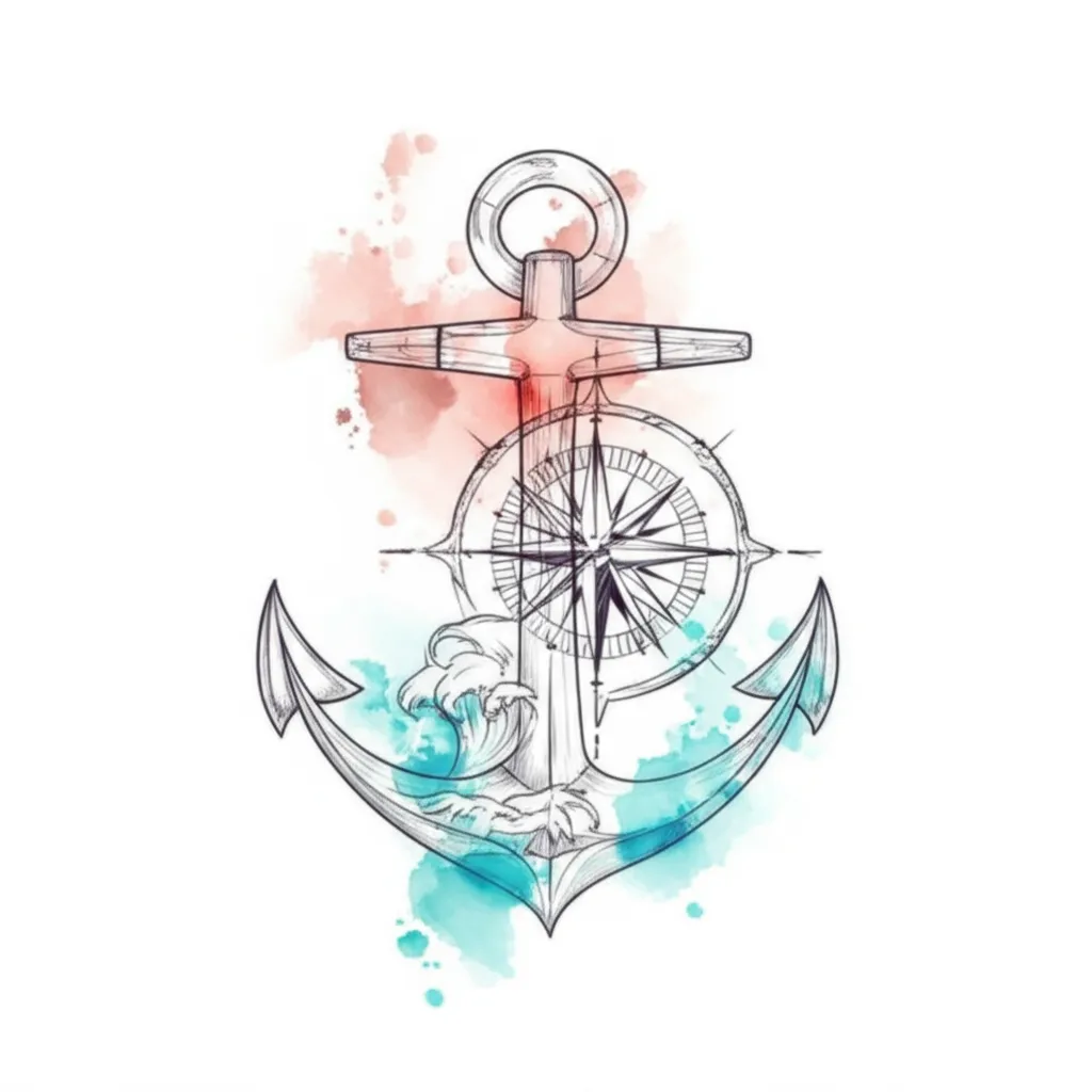Watercolor Anchor, Compass, Waves Tattoo on Forearm Watercolor Anchor, Compass, Waves Tattoo on Forearm