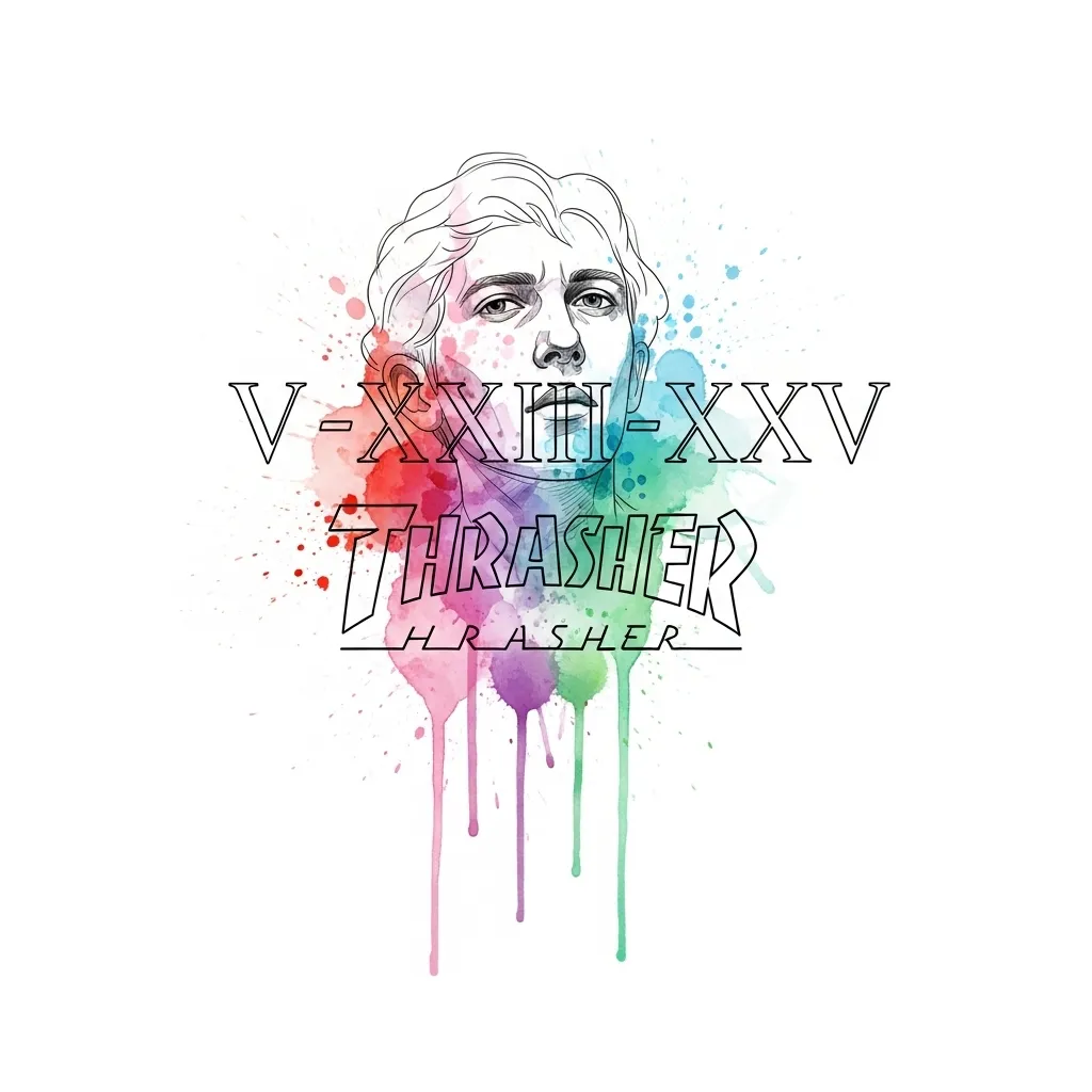 Watercolor Tattoo with Roman Numerals, Portrait and Thrasher Watercolor Tattoo with Roman Numerals, Portrait and Thrasher