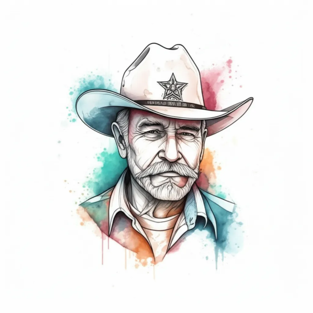 Watercolor Memorial Tattoo of Papa with Cowboy Hat and Song Lyrics