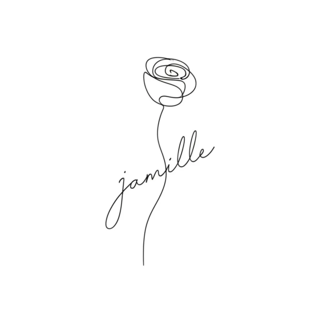 Minimalist Rose Tattoo with Name Jamille - Unique Design