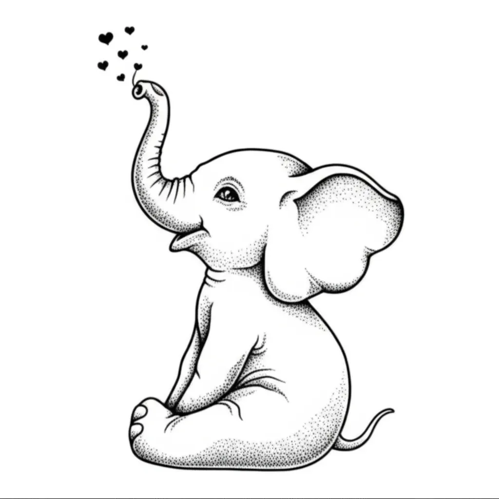 Baby Elephant with Hearts Fine Line Tattoo Design Baby Elephant with Hearts Fine Line Tattoo Design