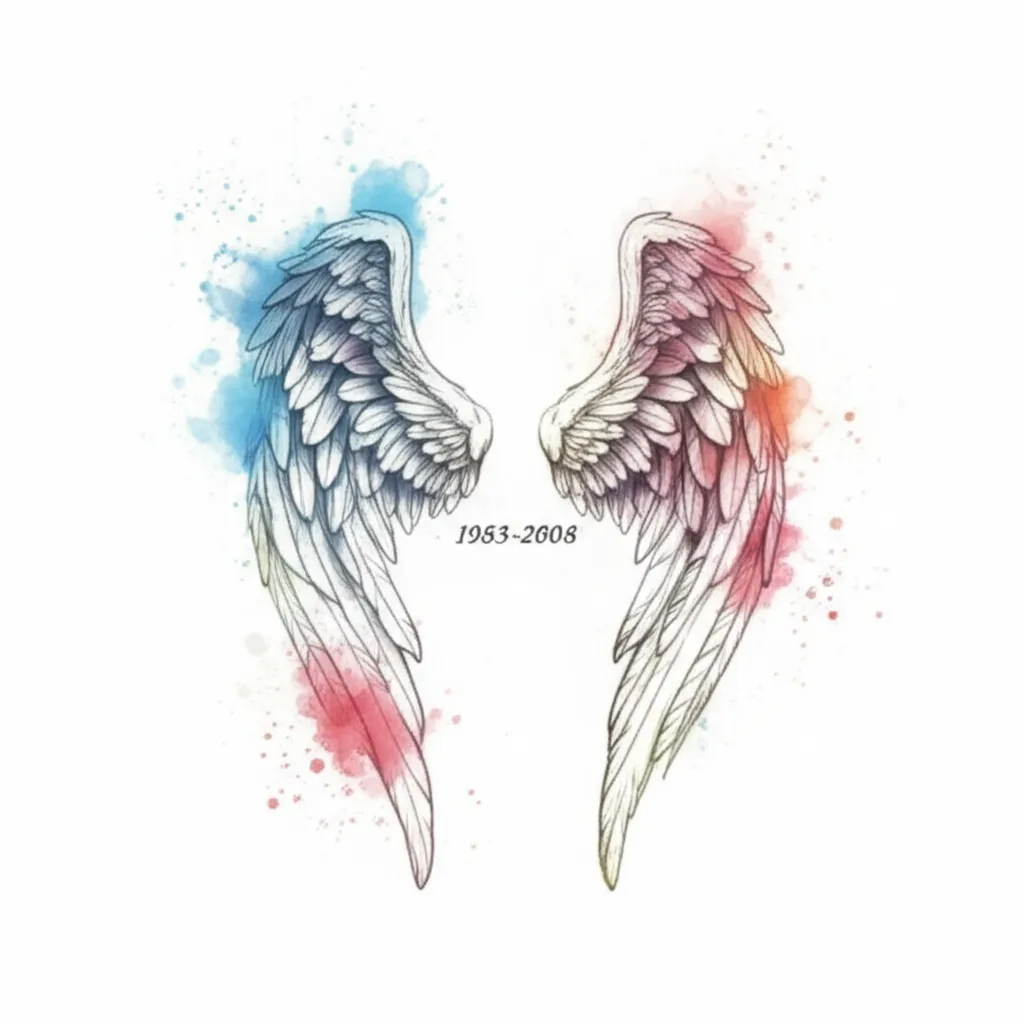 Watercolor Angel Wings Tattoo with Dates: A Memorial Design