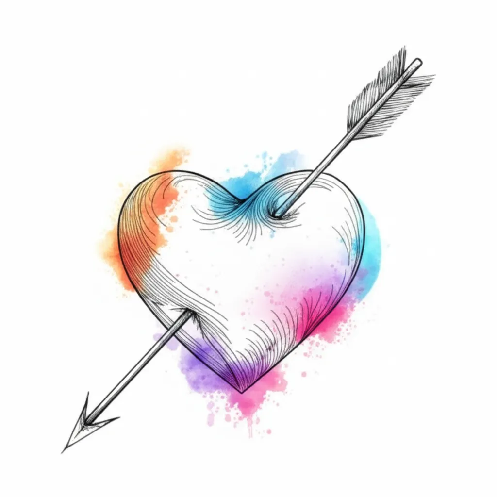 Watercolor Heart with Arrow Tattoo Design