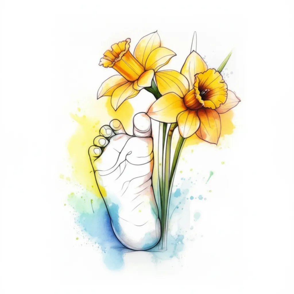 Watercolor Baby Foot with Daffodils Tattoo Idea