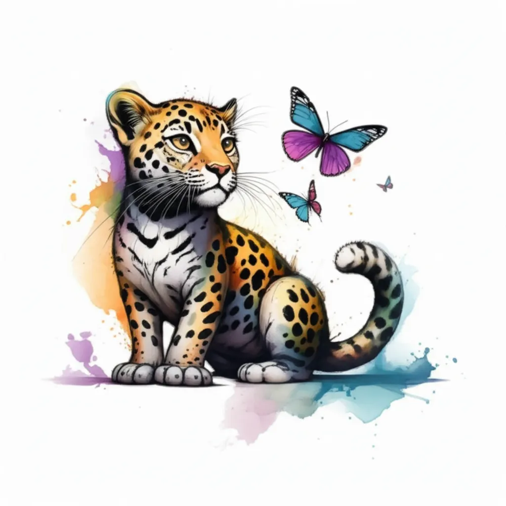 Playful Watercolor Leopard Tattoo Design with Butterflies Playful Watercolor Leopard Tattoo Design with Butterflies