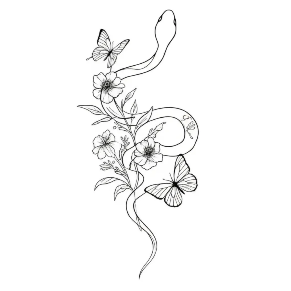 Minimalist Snake Tattoo with Flowers and Butterflies Minimalist Snake Tattoo with Flowers and Butterflies