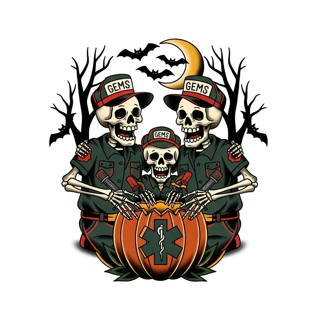 American Traditional Tattoo: Paramedic Skeletons Carving Halloween Pumpkin American Traditional Tattoo: Paramedic Skeletons Carving Halloween Pumpkin