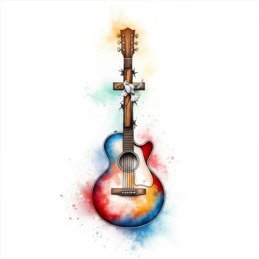Watercolor Guitar with Cross and Dove Tattoo Design Watercolor Guitar with Cross and Dove Tattoo Design