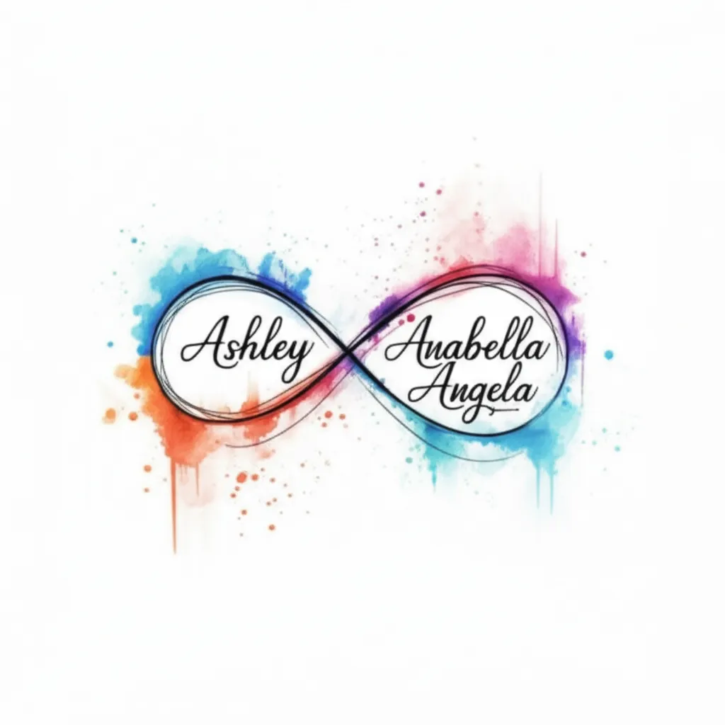 Watercolor Infinity Tattoo with Names: Ashley, Anabella, Angela Watercolor Infinity Tattoo with Names: Ashley, Anabella, Angela