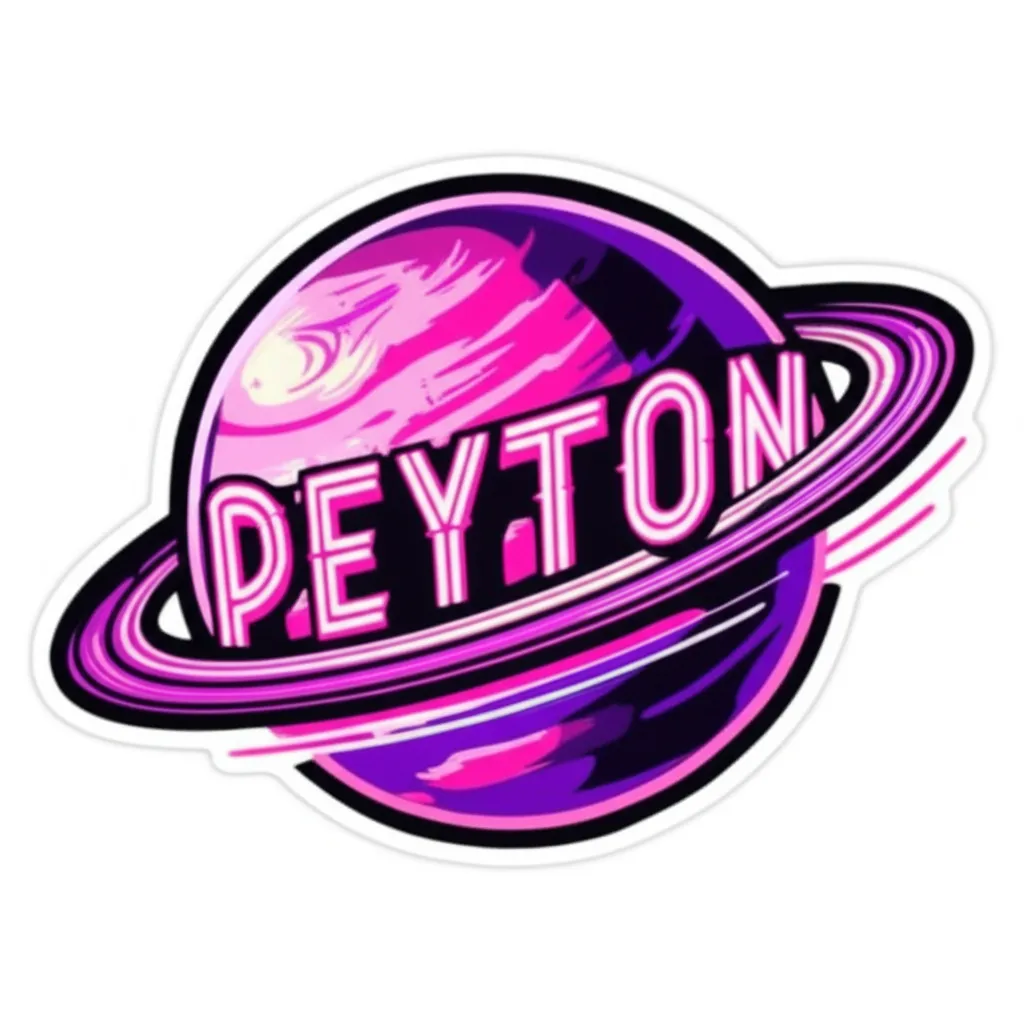 Pink and Purple Neon Planet Tattoo with 'PEYTON' Rings - Anime Style