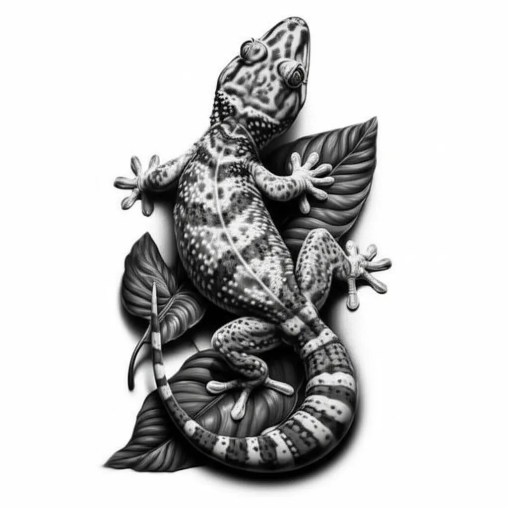 Realistic Tokay Gecko Tattoo Design on Leaves Realistic Tokay Gecko Tattoo Design on Leaves