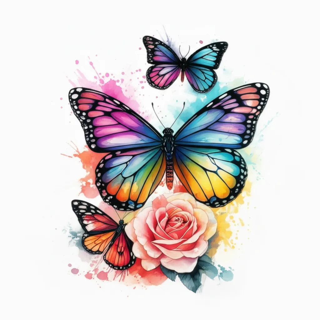Watercolor Butterfly and Rose Tattoo Design