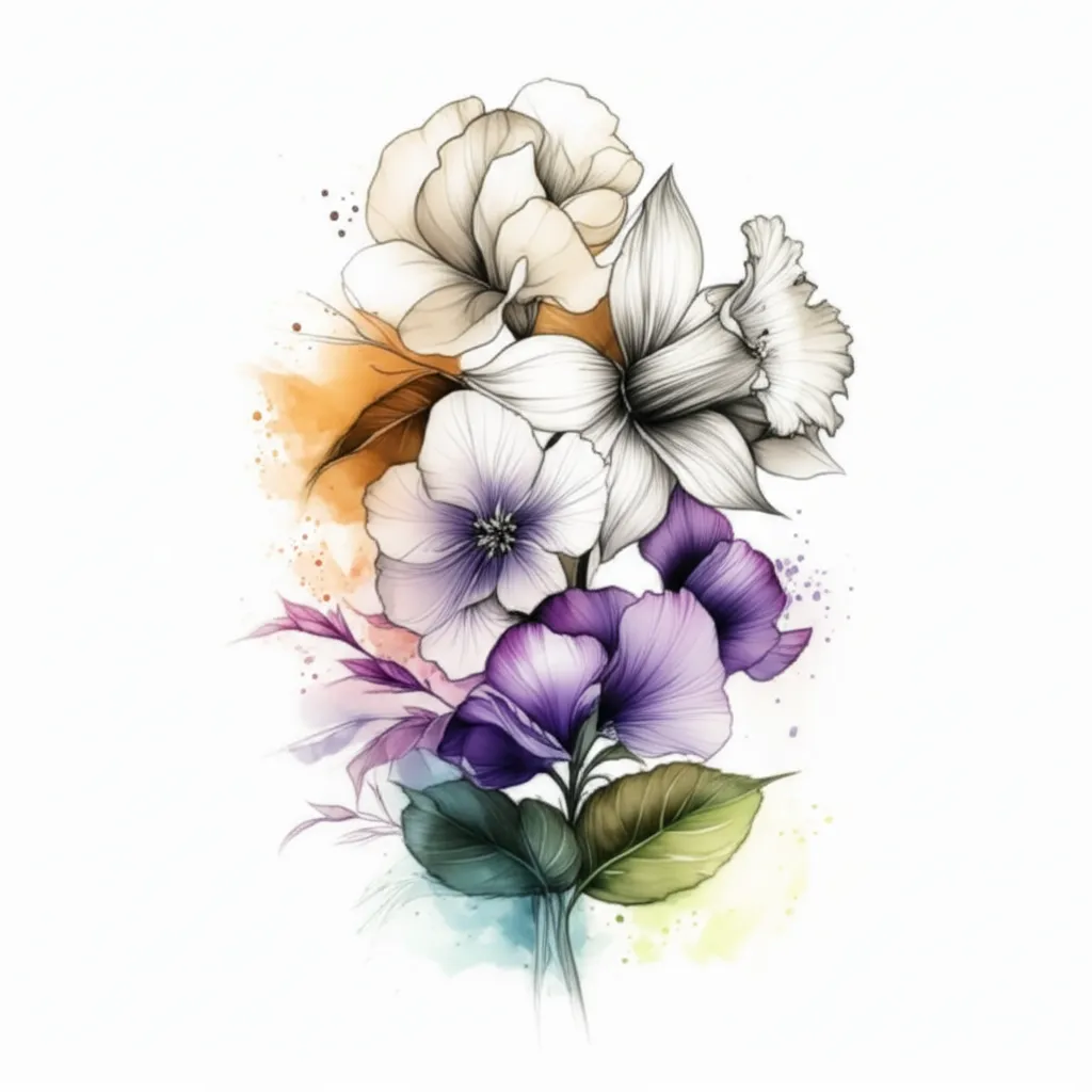Watercolor Floral Tattoo: Daisy, Daffodil, Jonquil, Violet & Sweet Pea Watercolor Floral Tattoo: Daisy, Daffodil, Jonquil, Violet & Sweet Pea