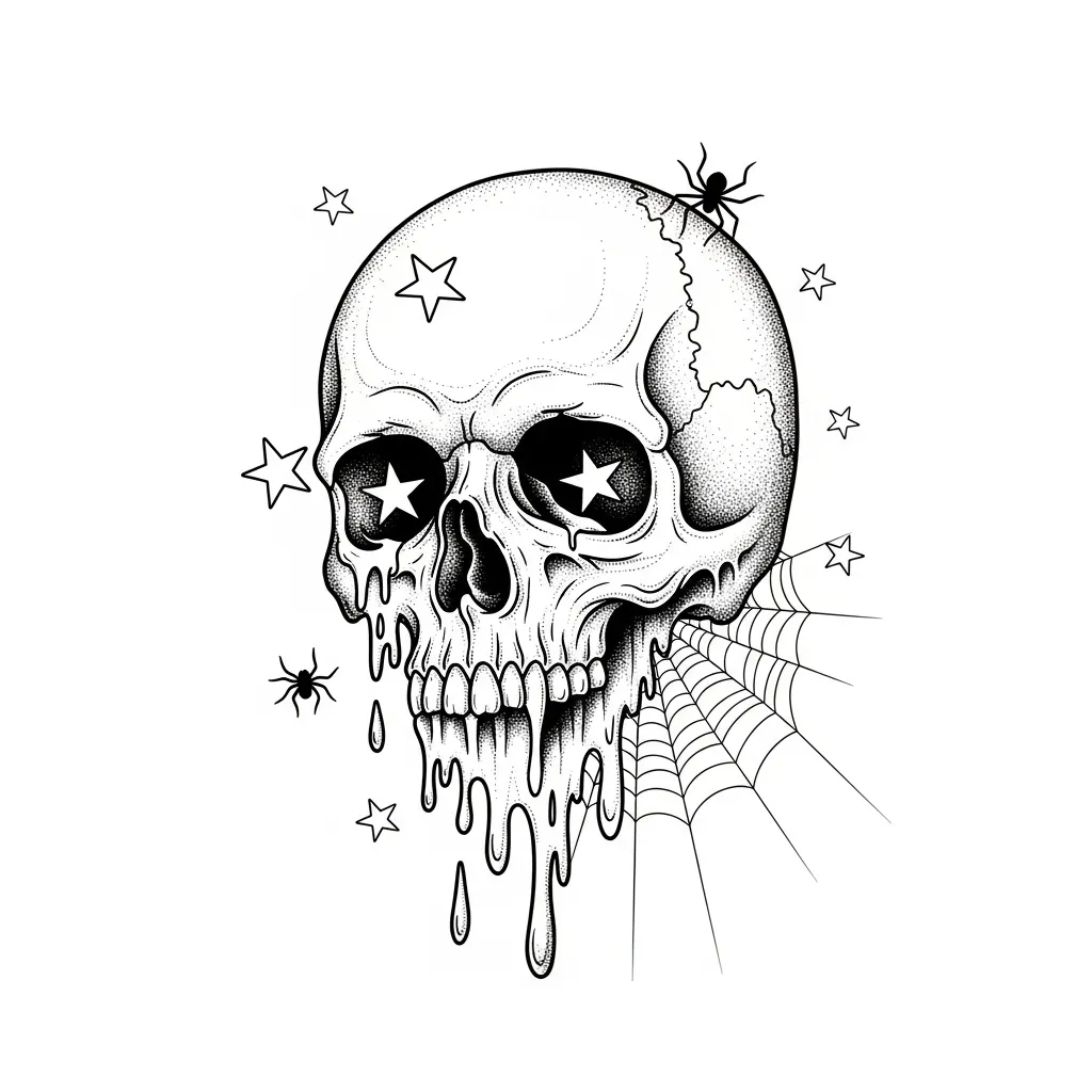 Melting Skull with Stars and Spiderweb Tattoo - Gothic Style