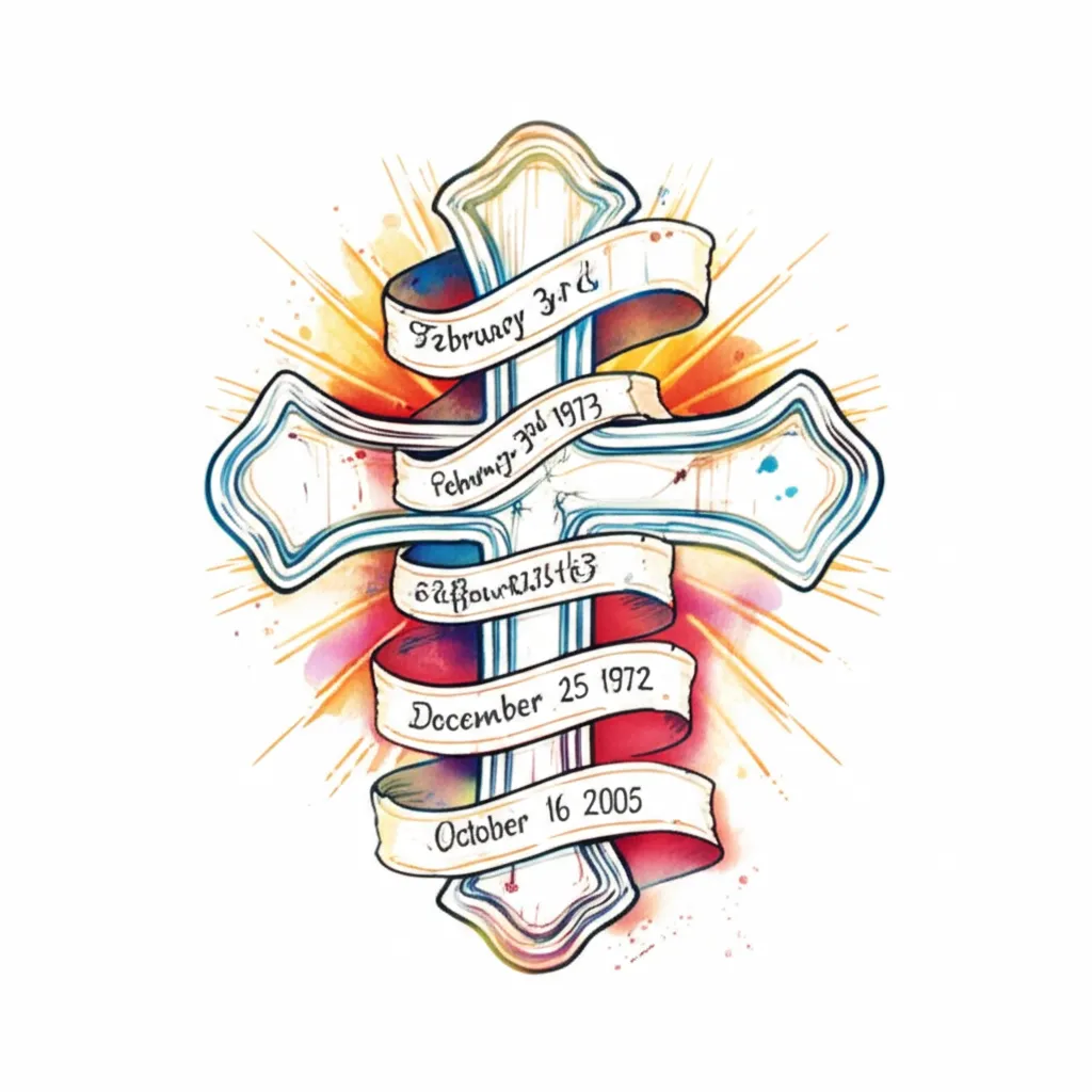 Watercolor Cross Tattoo with Memorial Dates Design