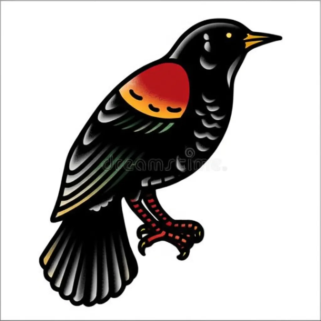 Old School Red Winged Blackbird Tattoo Design