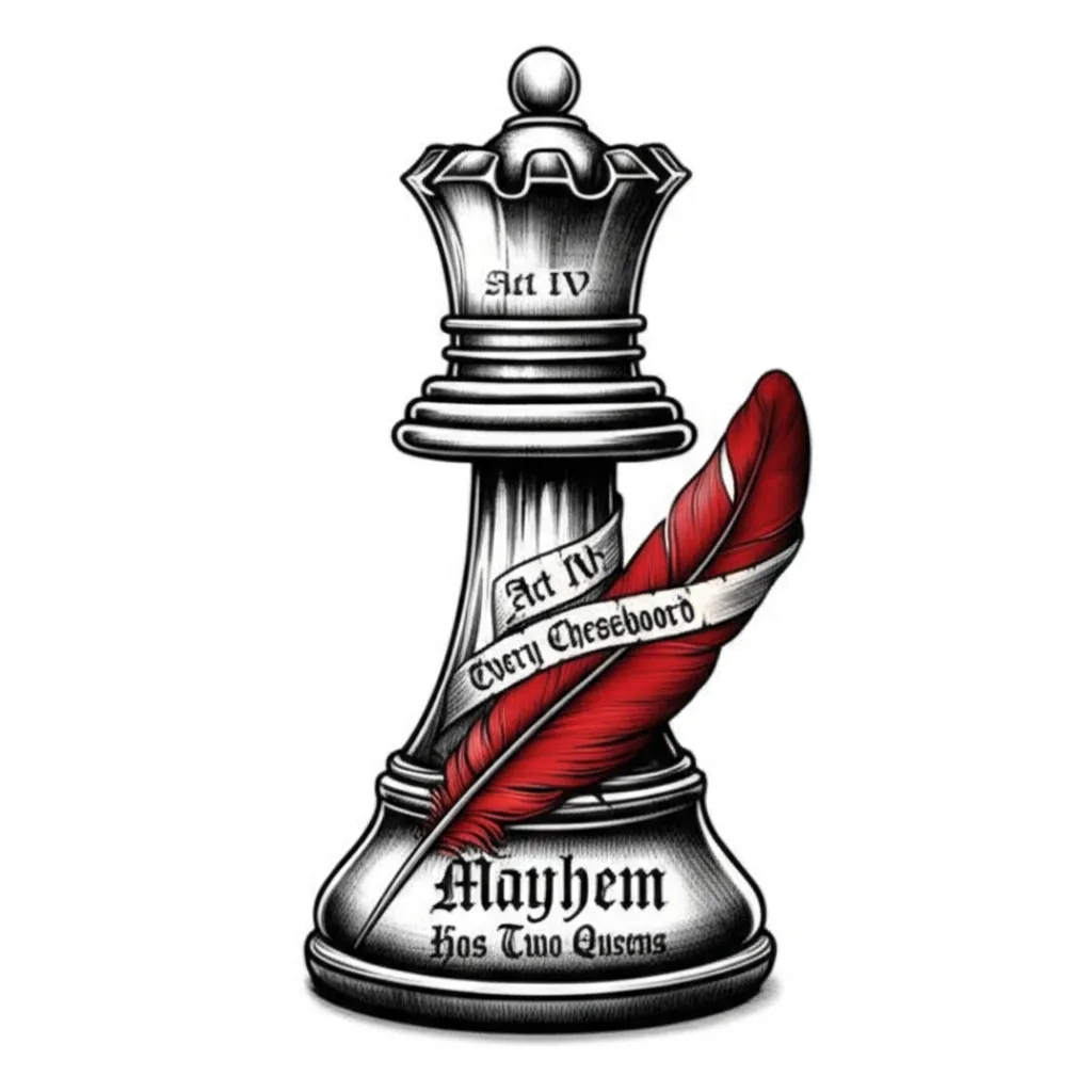 Gothic Queen Chess Piece Tattoo with Red Feather & Quote Gothic Queen Chess Piece Tattoo with Red Feather & Quote