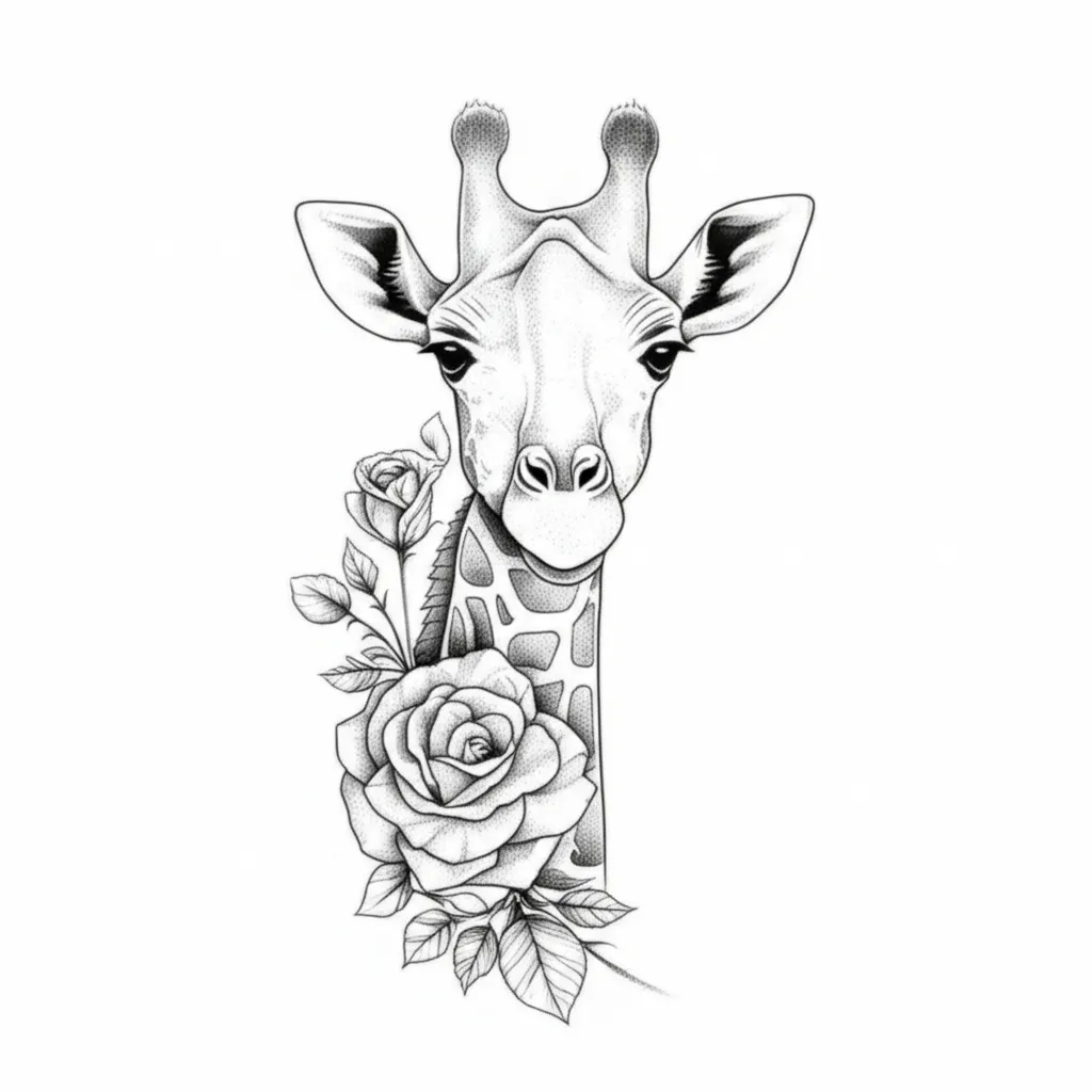 Giraffe with Roses Fine Line Tattoo Design Giraffe with Roses Fine Line Tattoo Design
