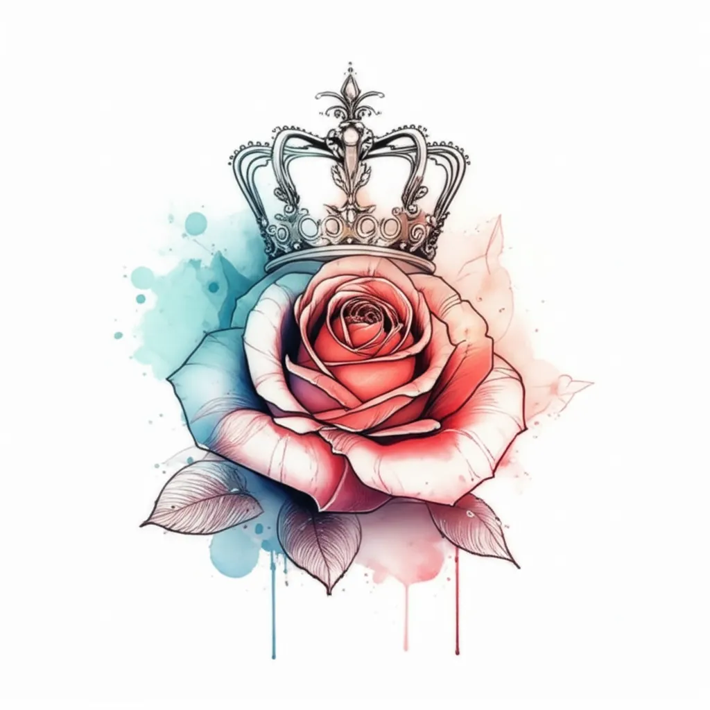 Watercolor Rose and Crown Tattoo Design