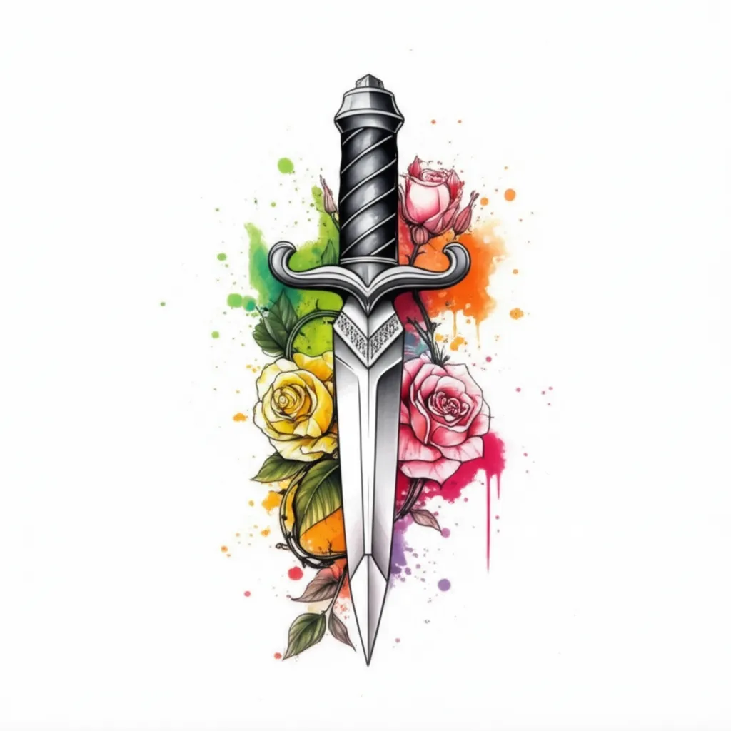 Watercolor Dagger Tattoo with Roses and Thorns - Meaning & Designs Watercolor Dagger Tattoo with Roses and Thorns - Meaning & Designs