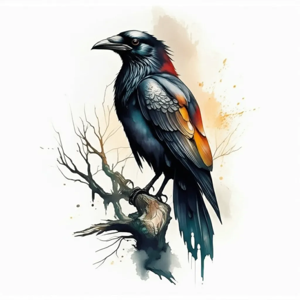 Watercolor Crow and Dead Tree Arm Tattoo Design Watercolor Crow and Dead Tree Arm Tattoo Design