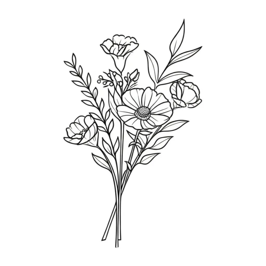Minimalist Birth Month Flower Bouquet Tattoo: September, August, February Minimalist Birth Month Flower Bouquet Tattoo: September, August, February