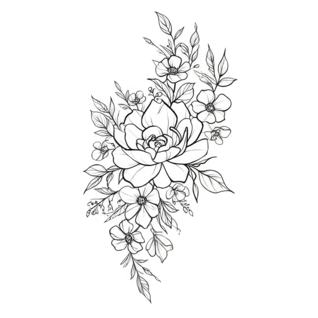 Minimalist Floral Half Sleeve Tattoo with Marigolds and Fall Flowers Minimalist Floral Half Sleeve Tattoo with Marigolds and Fall Flowers