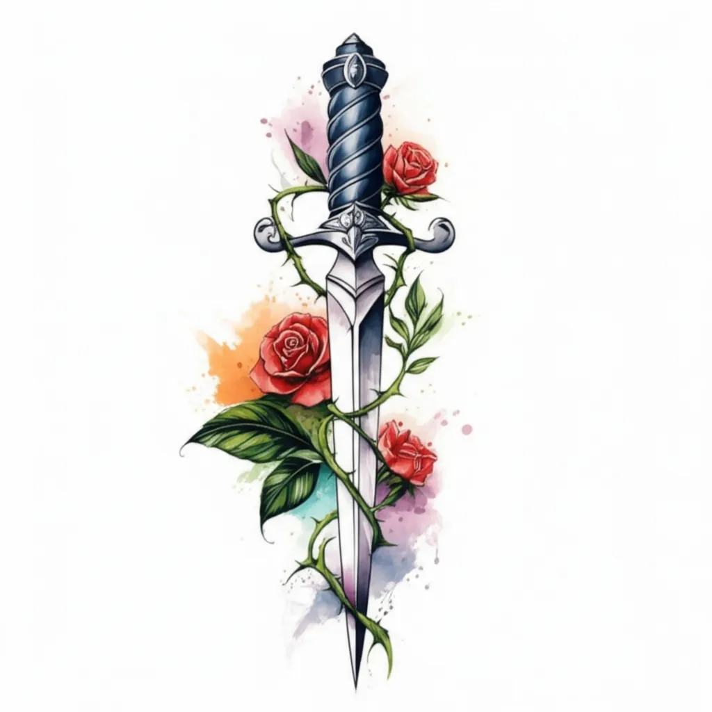 Watercolor Dagger Tattoo with Thorns and Roses - Meaning & Design Watercolor Dagger Tattoo with Thorns and Roses - Meaning & Design