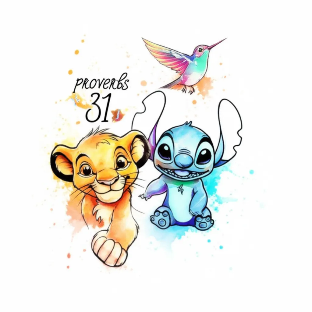 Watercolor Simba, Stitch, and Hummingbird Tattoo with Proverbs 31