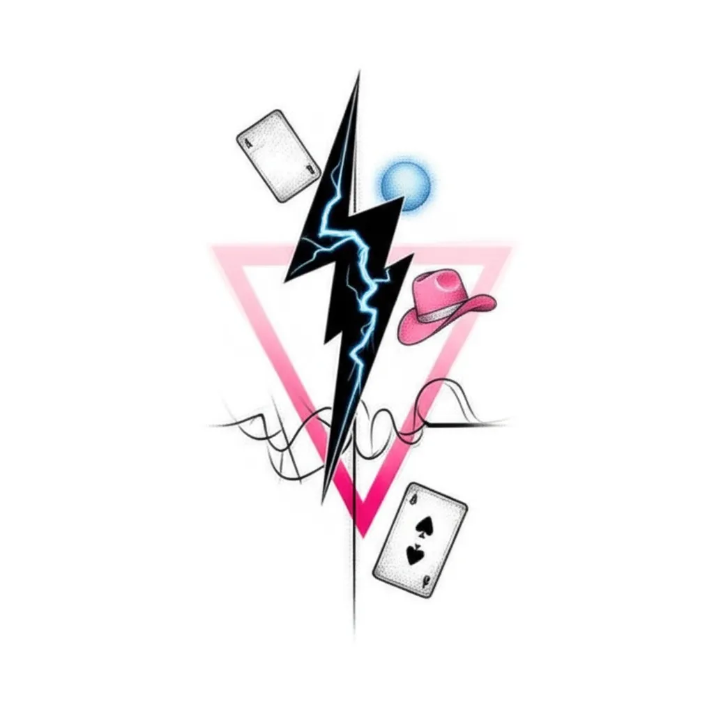 Fine Line Tattoo Design with Lightning Bolt, Cross, and Other Symbols