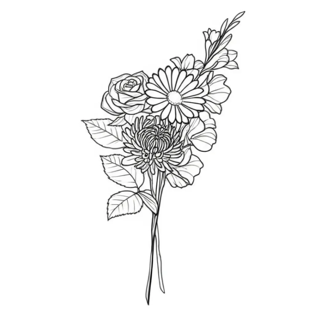 Minimalist Flower Bouquet Tattoo: Rose, Daisy, Gladiolus, Chrysanthemum Minimalist Flower Bouquet Tattoo: Rose, Daisy, Gladiolus, Chrysanthemum