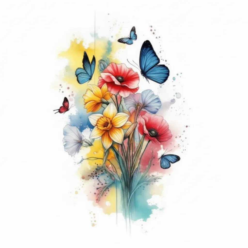 Watercolor Floral Forearm Tattoo with Daffodils, Poppies, Morning Glories and Butterflies Watercolor Floral Forearm Tattoo with Daffodils, Poppies, Morning Glories and Butterflies