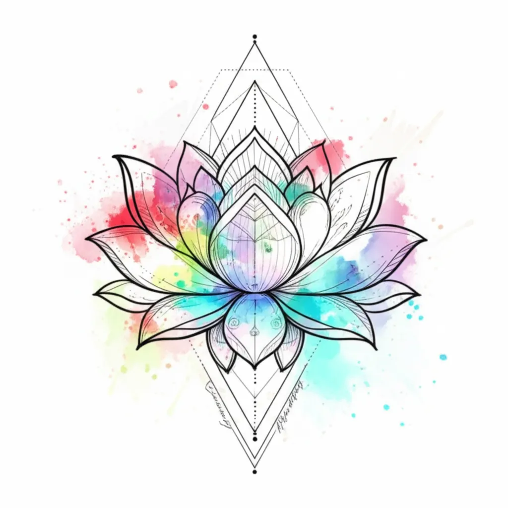 Watercolor Lotus Tattoo with Geometric Frame and Kids' Names Watercolor Lotus Tattoo with Geometric Frame and Kids' Names