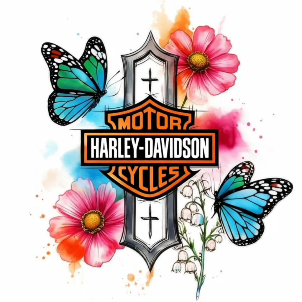 Watercolor Harley Davidson Tattoo with Butterflies and Birth Flowers Watercolor Harley Davidson Tattoo with Butterflies and Birth Flowers
