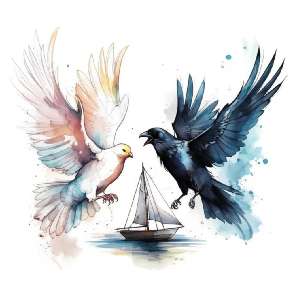 Watercolor Dove and Crow Tattoo with Boat Meaning & Design Ideas