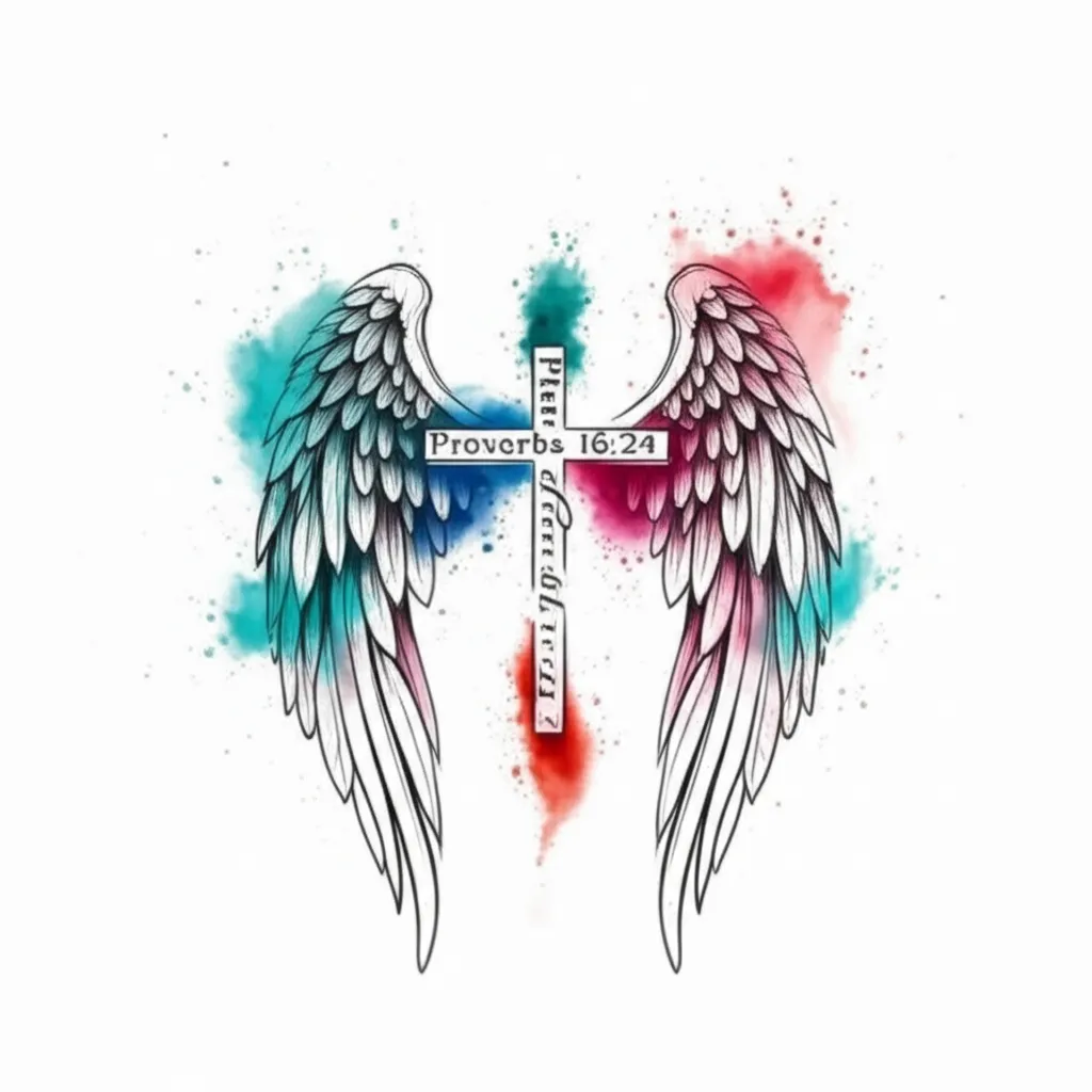 Watercolor Wings and Proverbs Cross Back Tattoo Design Watercolor Wings and Proverbs Cross Back Tattoo Design