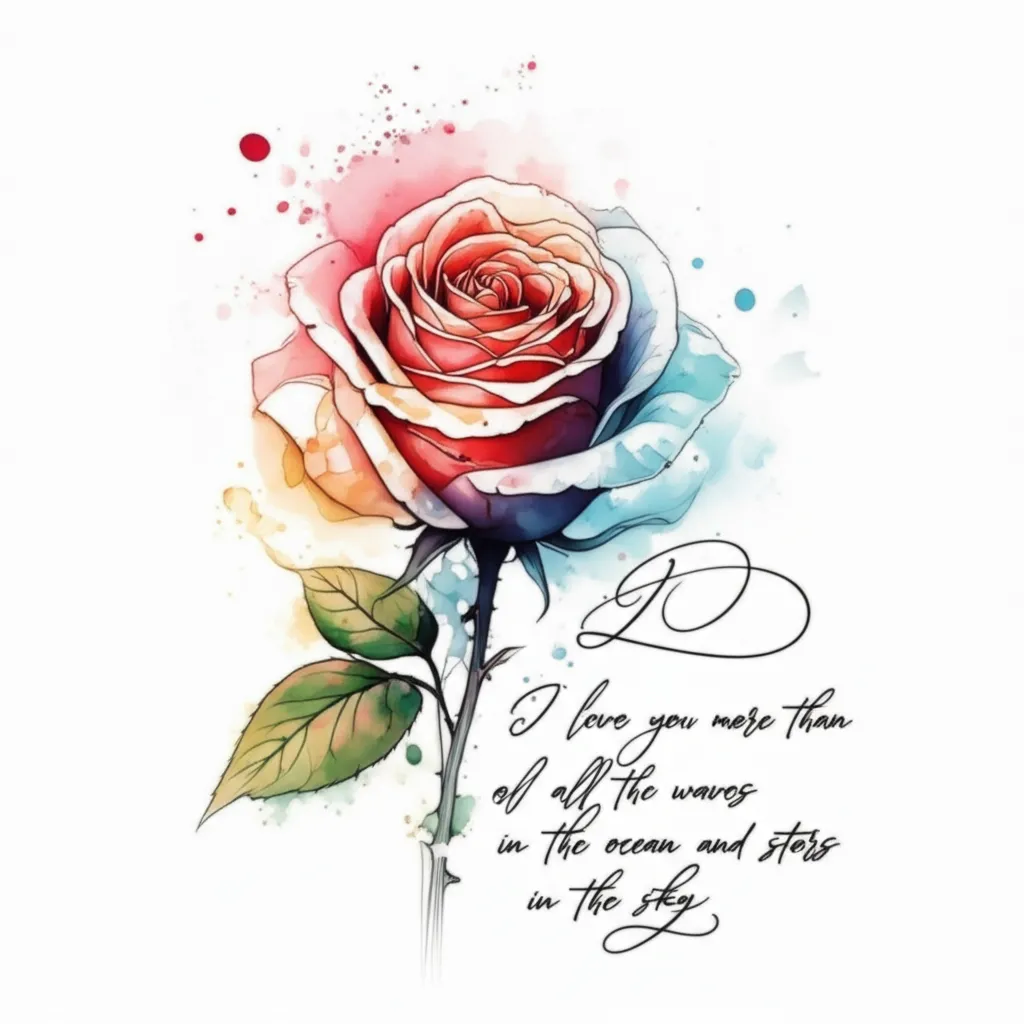 Watercolor Rose Tattoo with Love Quote: Ocean Waves and Stars Watercolor Rose Tattoo with Love Quote: Ocean Waves and Stars