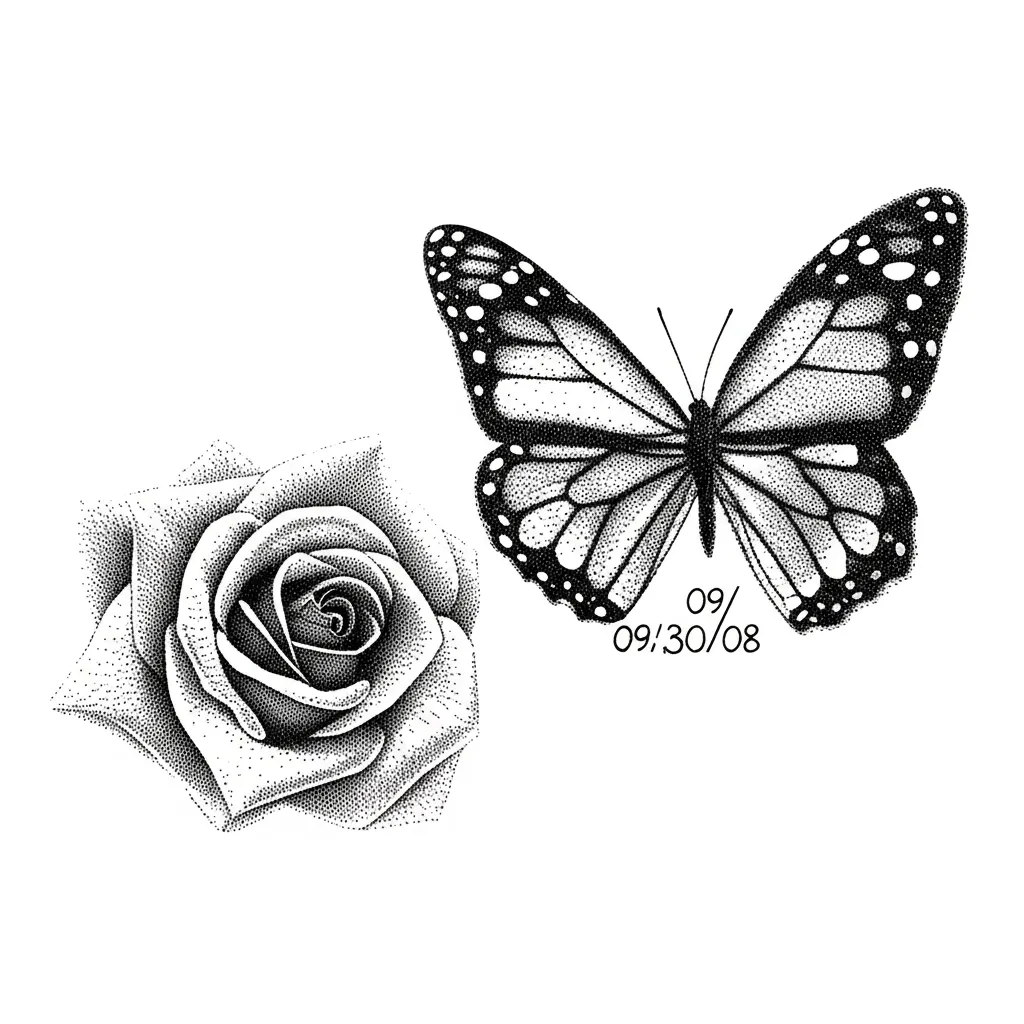 Dotwork Butterfly and Rose Foot Tattoo with Date - 09/30/08