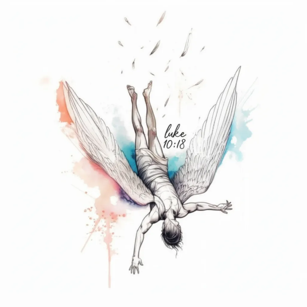 Fallen Angel Watercolor Tattoo Design with Luke 10:18