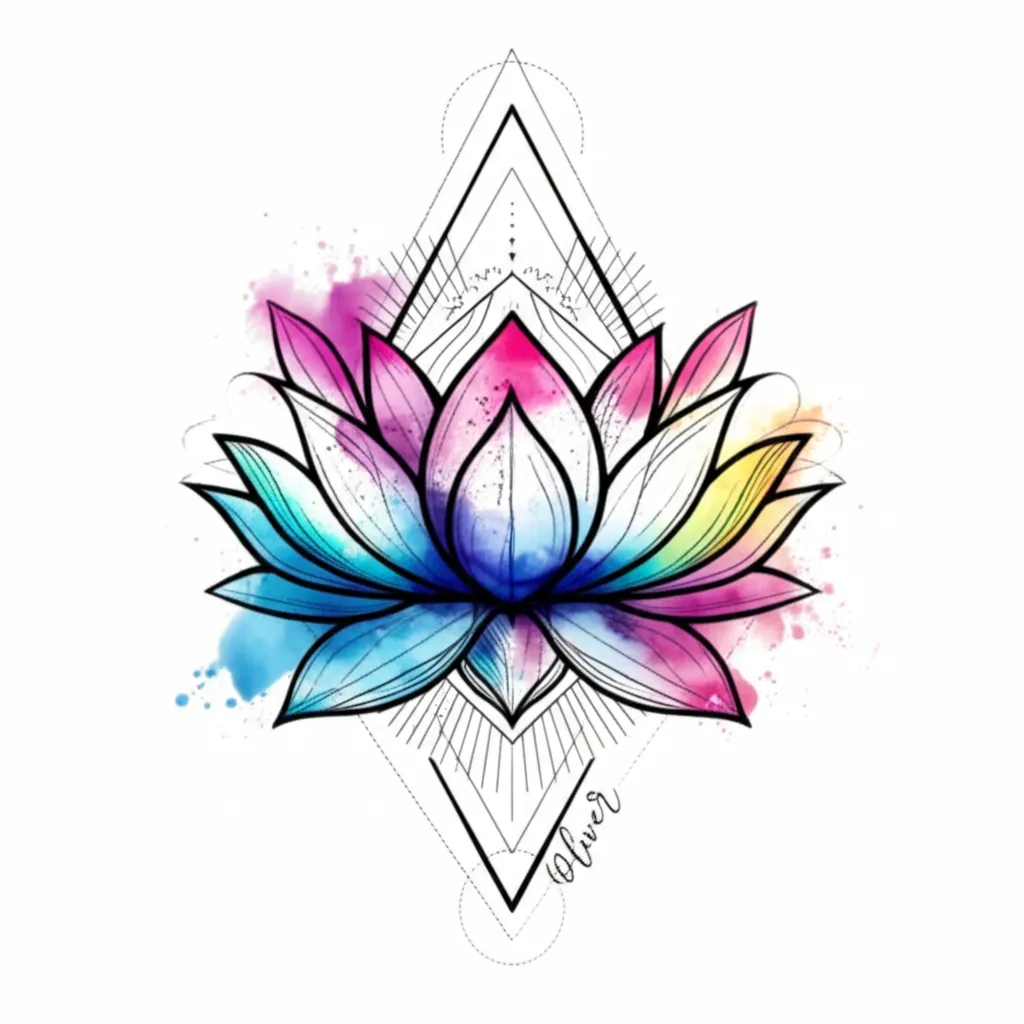 Watercolor Geometric Lotus Tattoo with Kids' Names Watercolor Geometric Lotus Tattoo with Kids' Names